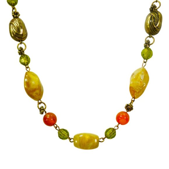 Multi color bead necklace with a mix of beige, green, and deep orange tones. - Picture 3 of 11